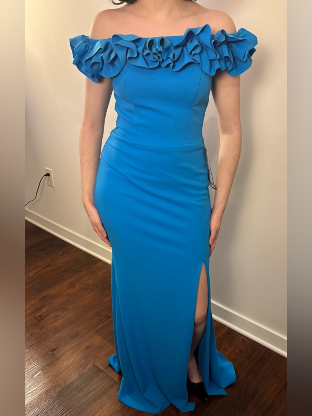 Off-Shoulder Ruffle Evening Gown in Bright Blue